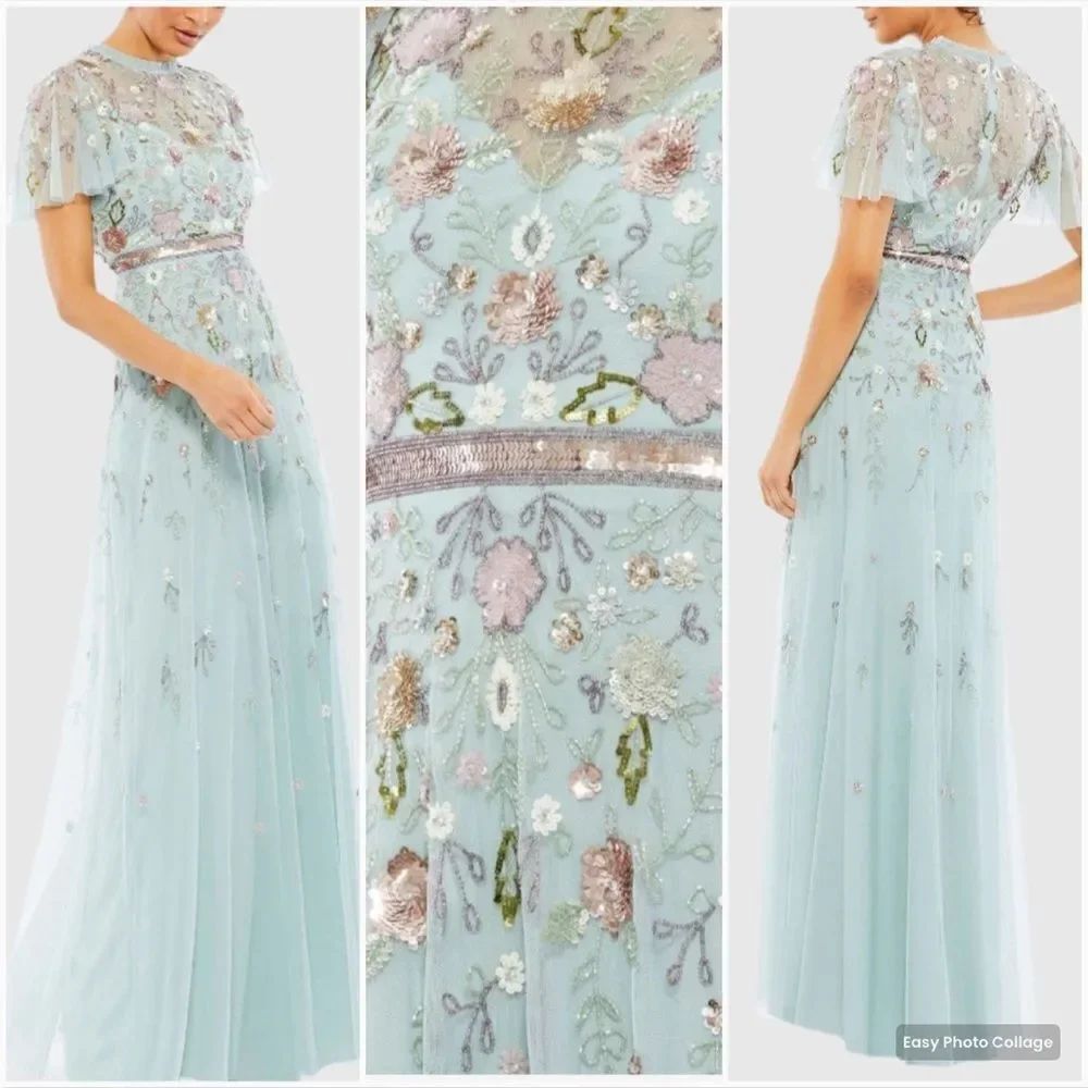 MAC DUGGAL 9136 Womens Embellished High Neck Butterfly Sleeve Gown